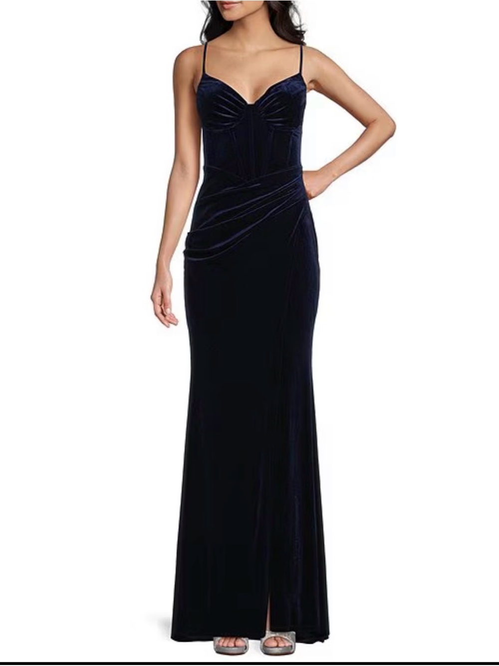 B Darlin Navy Velvet Spaghetti-Strap Evening Dress